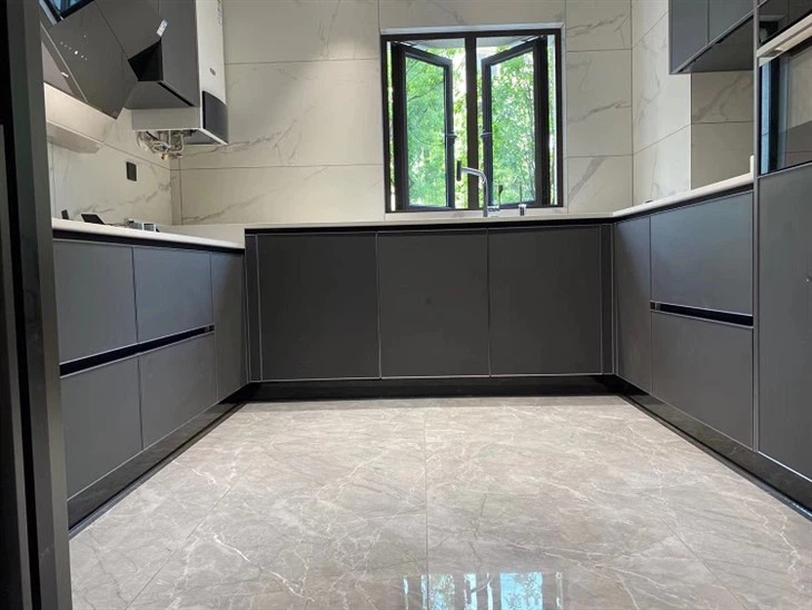 Aluminium Frame Glass Kitchen Cabinet-matte light coffee (4)